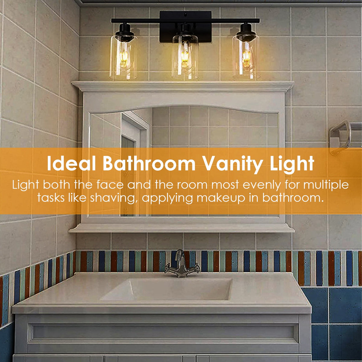 Modern 3-Light Wall Sconce, Clear Glass Shades, Matte Black Vanity Bar for Bathroom — detail view 3