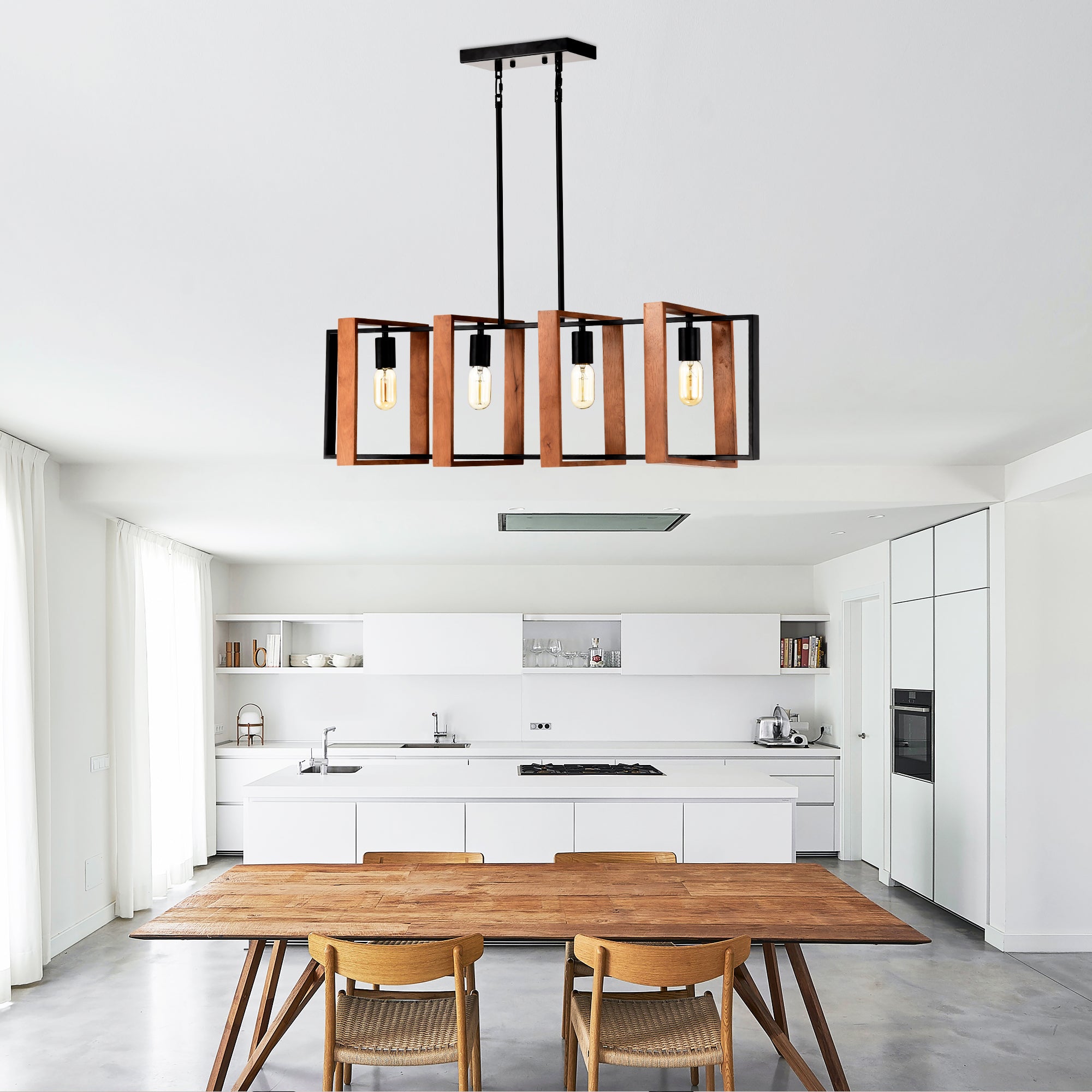 Rustic Wood & Black 4-Light Farmhouse Pendant Light, Kitchen Island Fixture