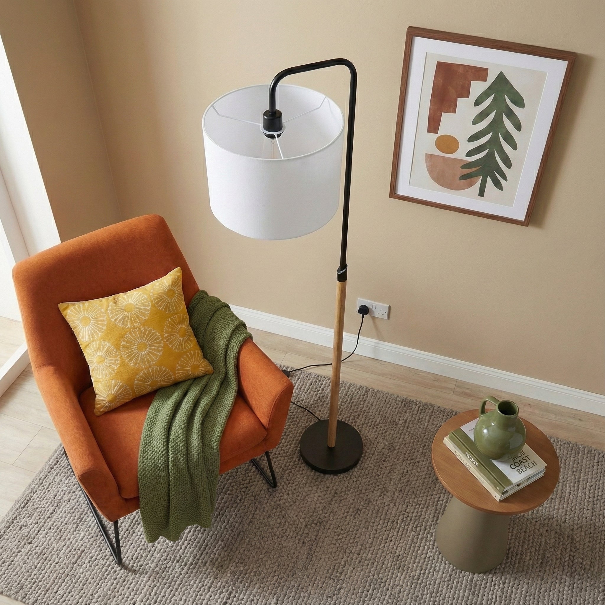 Curved Arc Floor Lamp, Cylinder Shade, Black Finish