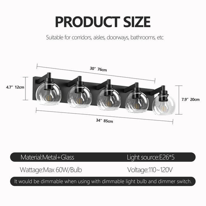 Dimension diagram for 5-Light Bathroom Vanity Light, Clear Glass Globe Shades over Mirror, Matte Black, for Bathroom