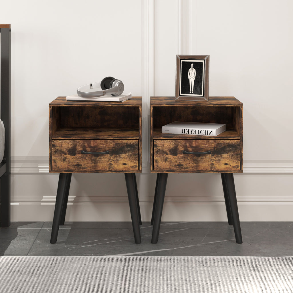 Mid-Century Nightstand Set of 2, Storage Drawer and Open Shelf