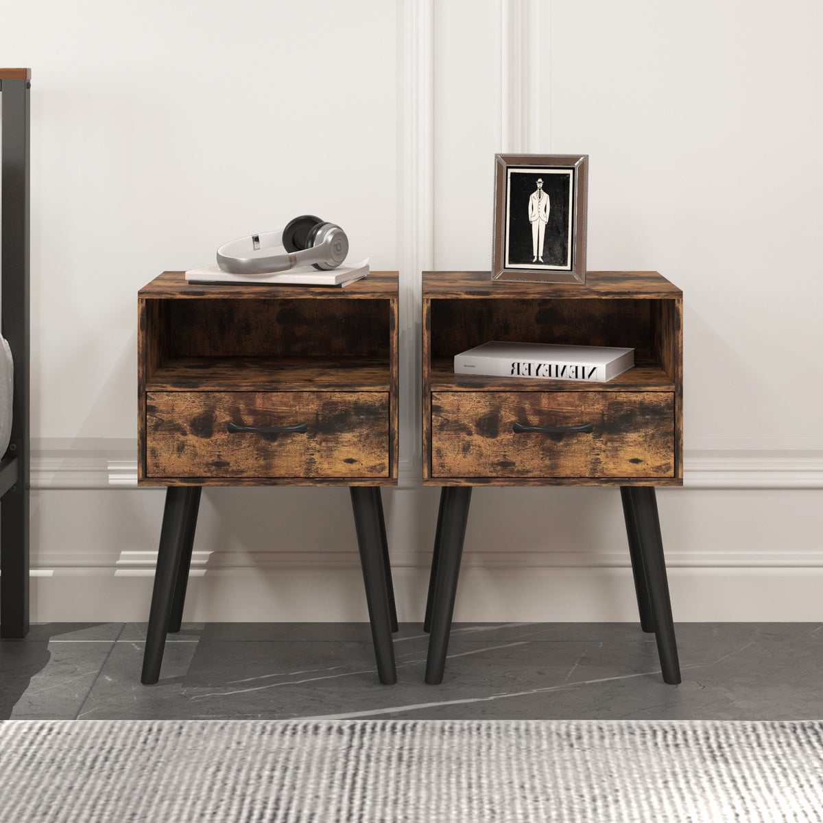 Mid-Century Nightstand Set of 2, Storage Drawer and Open Shelf