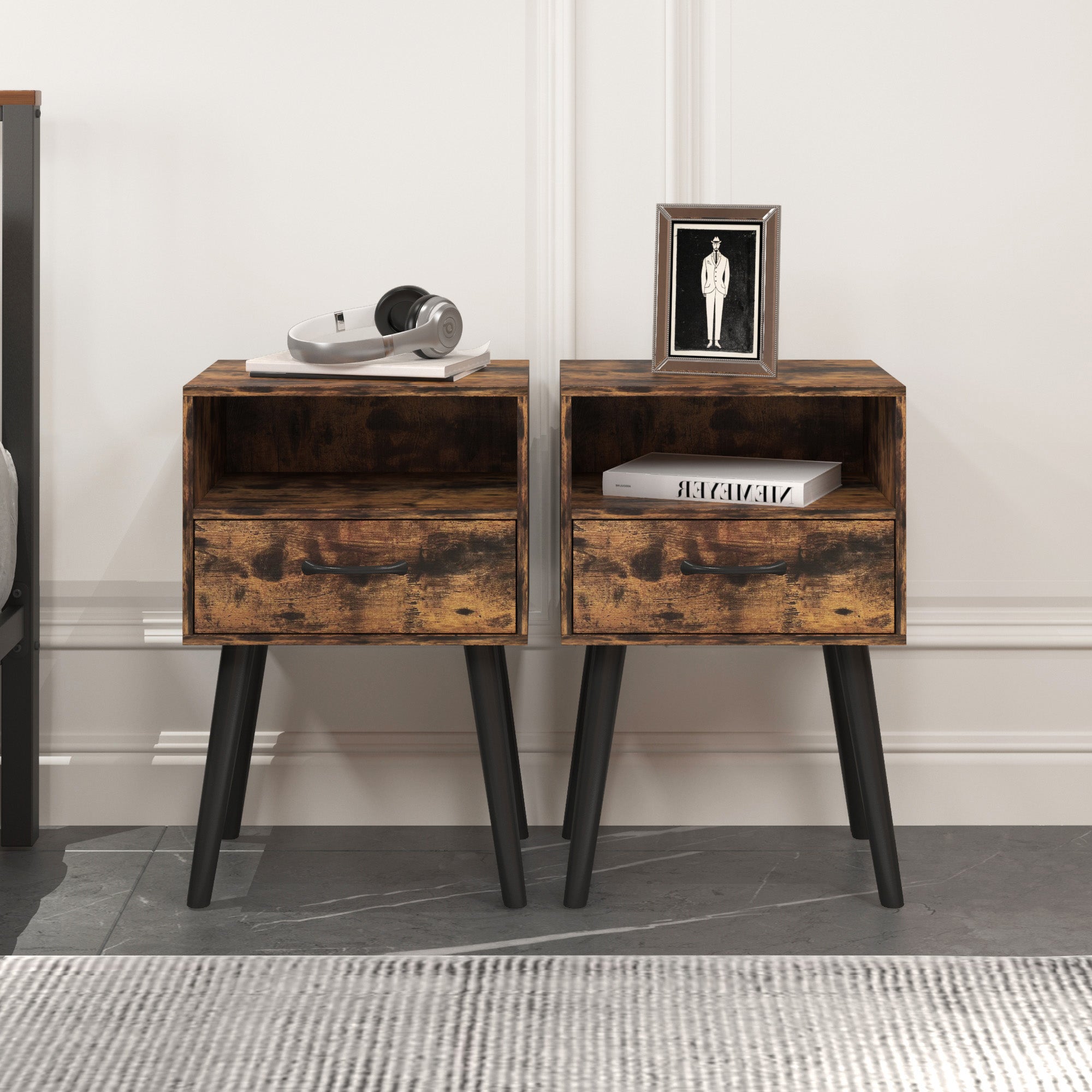 Mid-Century Nightstand Set of 2, Storage Drawer and Open Shelf