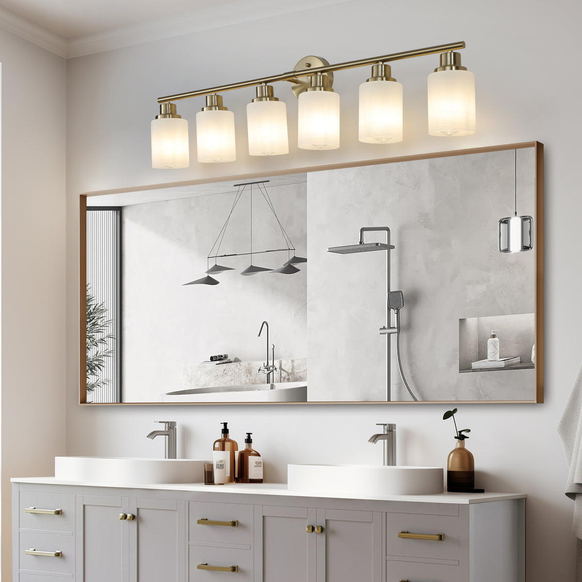 Modern 6-Light Vanity Light Bar, Frosted Glass Shades, Gold, 39 in. for Bathroom — detail view