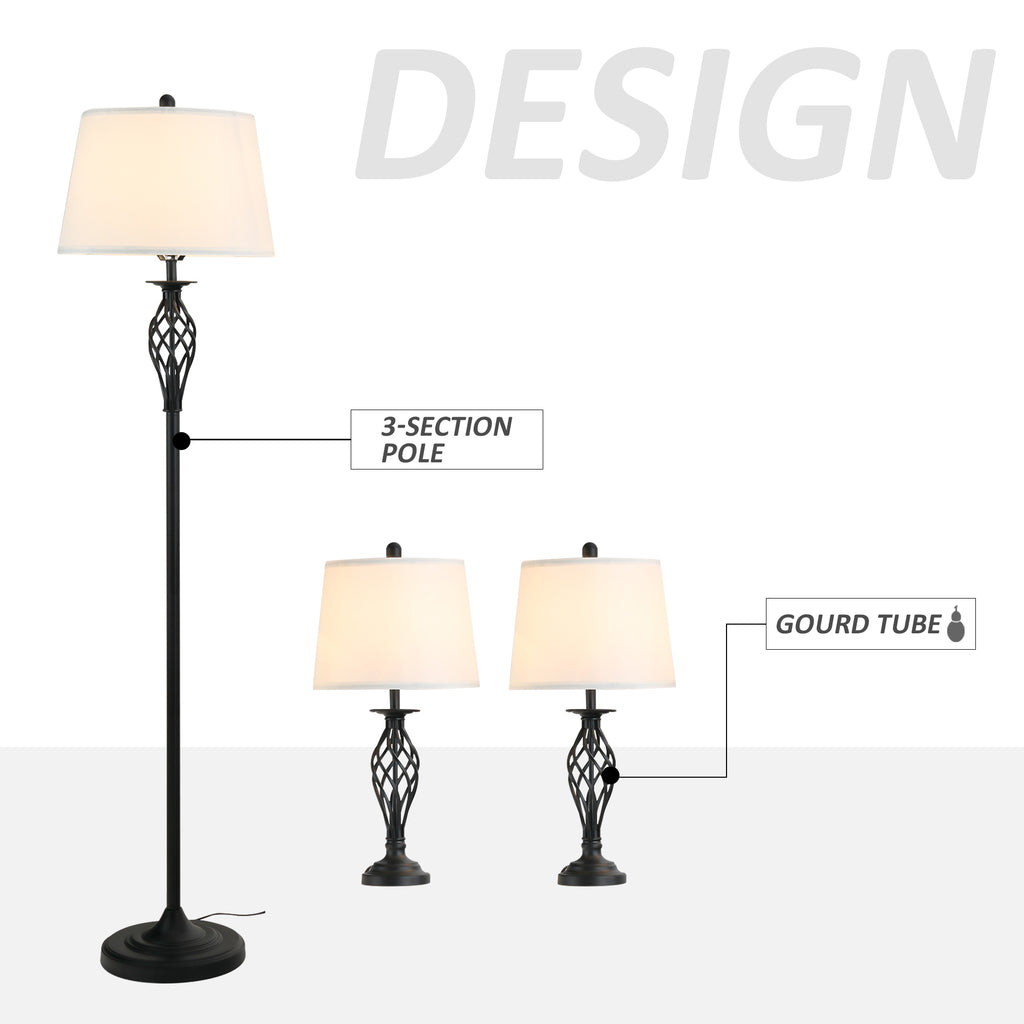 Vintage Metal Table & Floor Lamp Set, White Fabric Shade, Set of 3
