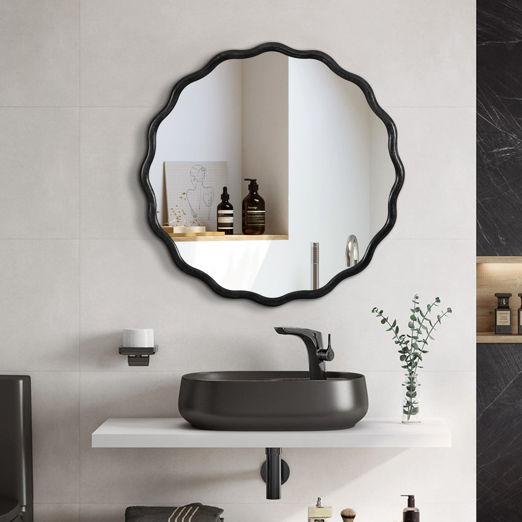 Solid Wood Wavy Mirror-Black Vanity Mirror Wall Decor 36X 36 Modern Mi
