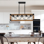 Walnut & Black Industrial Farmhouse Rectangular Pendant Light, 5-Light Chandelier, 32 in.