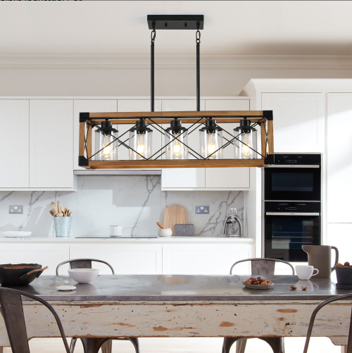 Walnut & Black Rectangular Pendant Light, Industrial Farmhouse Chandelier, 32 in.