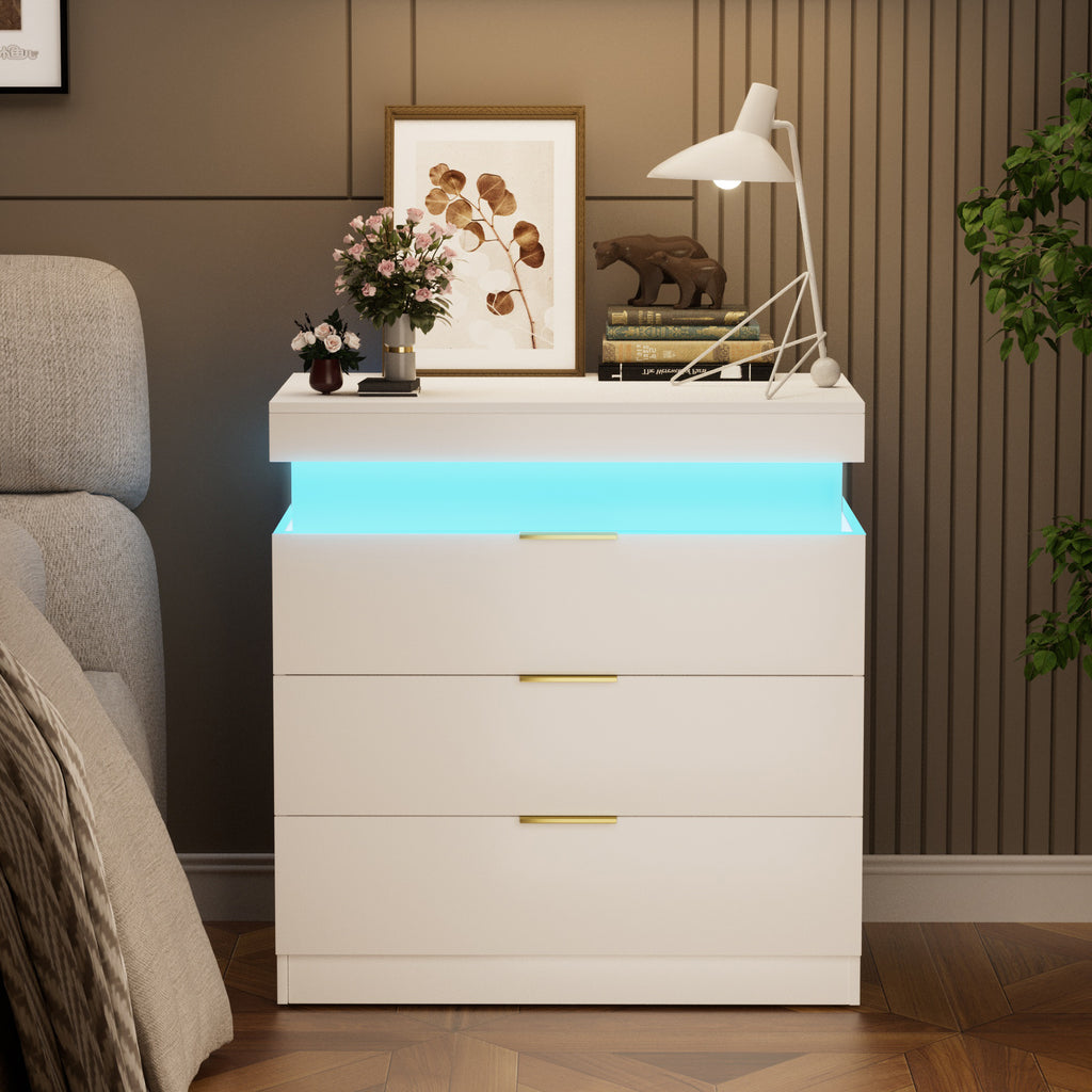 LED Nightstand with Charging Station and Sliding Top, White