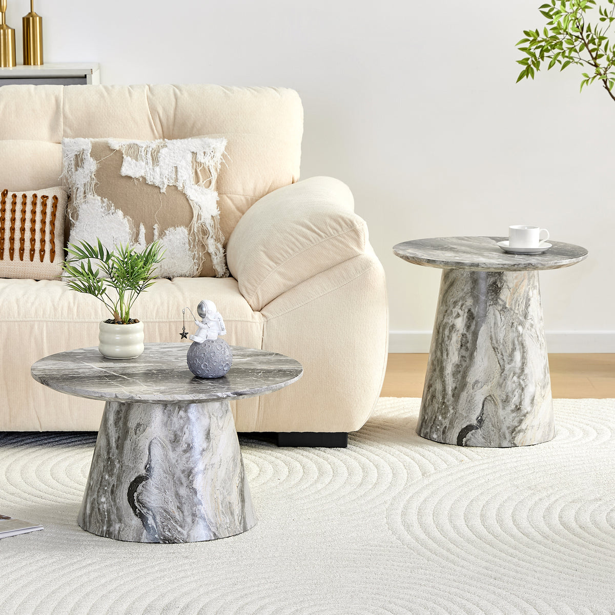 Nested Round Coffee Table Set, Grey Veneer