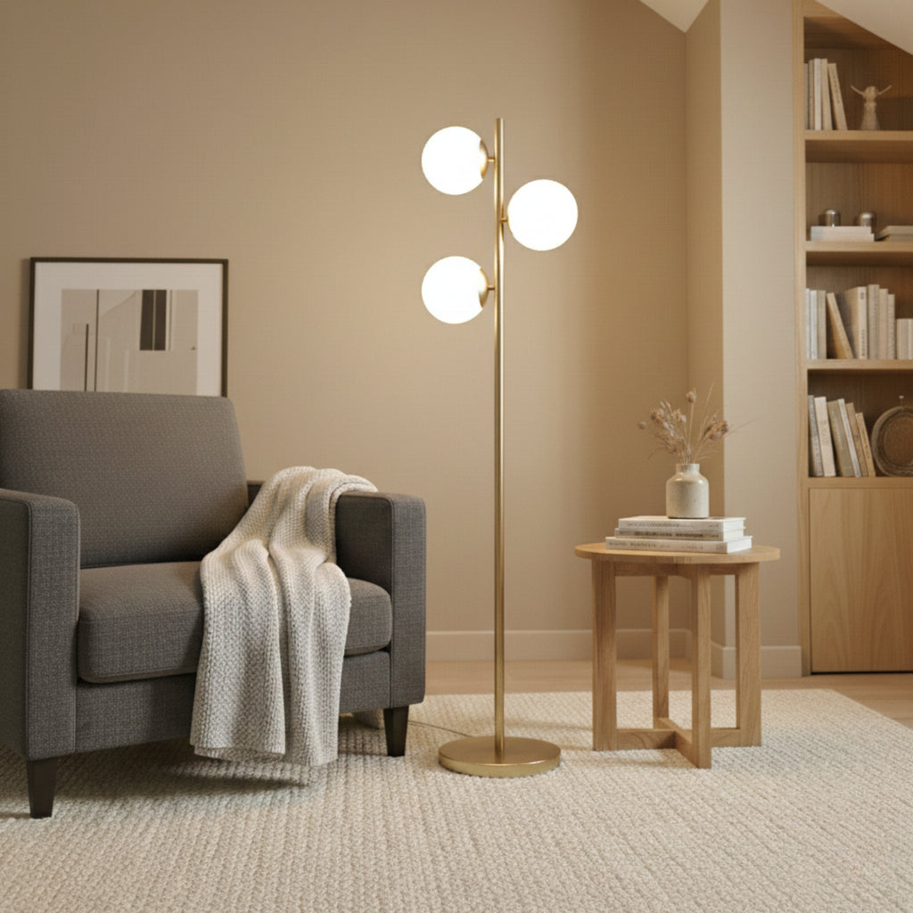 Modern Brushed Gold Floor Lamp, Opal Glass Shade, Round Metal Base