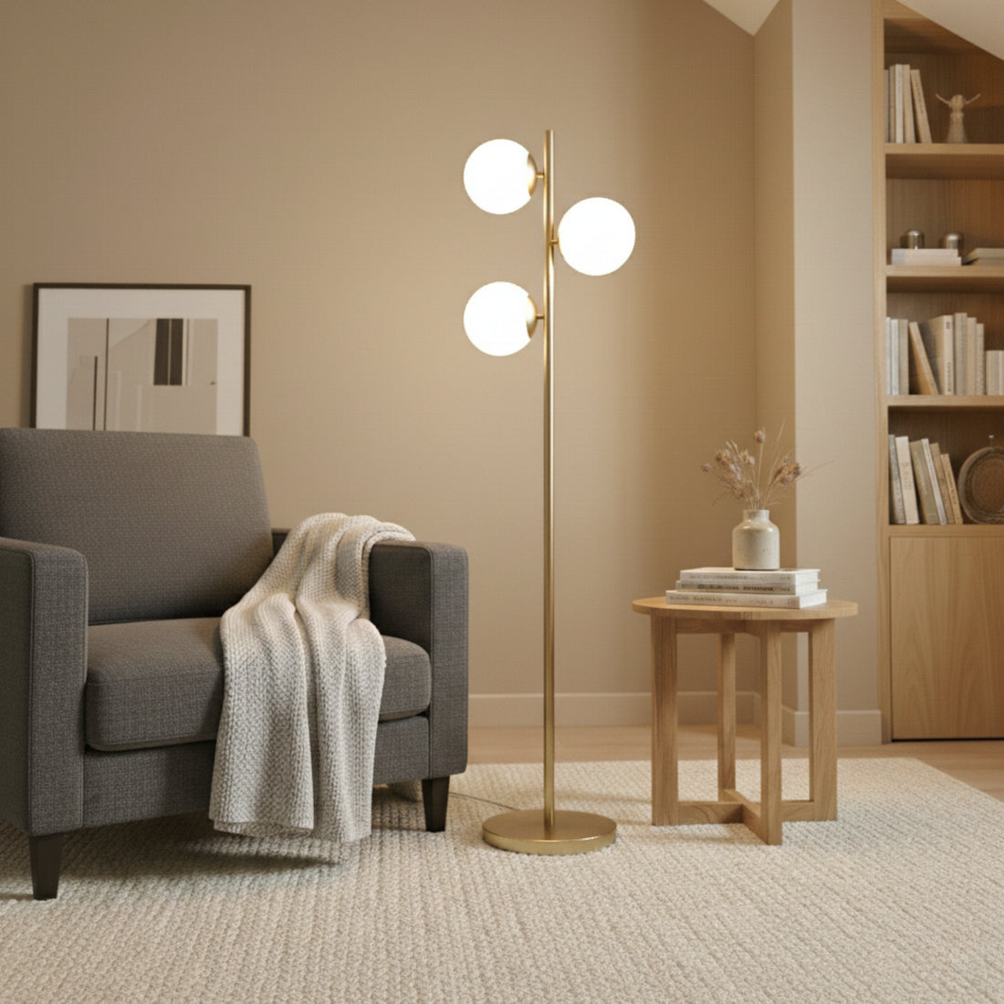 Modern Brushed Gold Floor Lamp, Opal Glass Shade, Round Metal Base