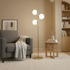 Modern Brushed Gold Floor Lamp, Opal Glass Shade, Round Metal Base
