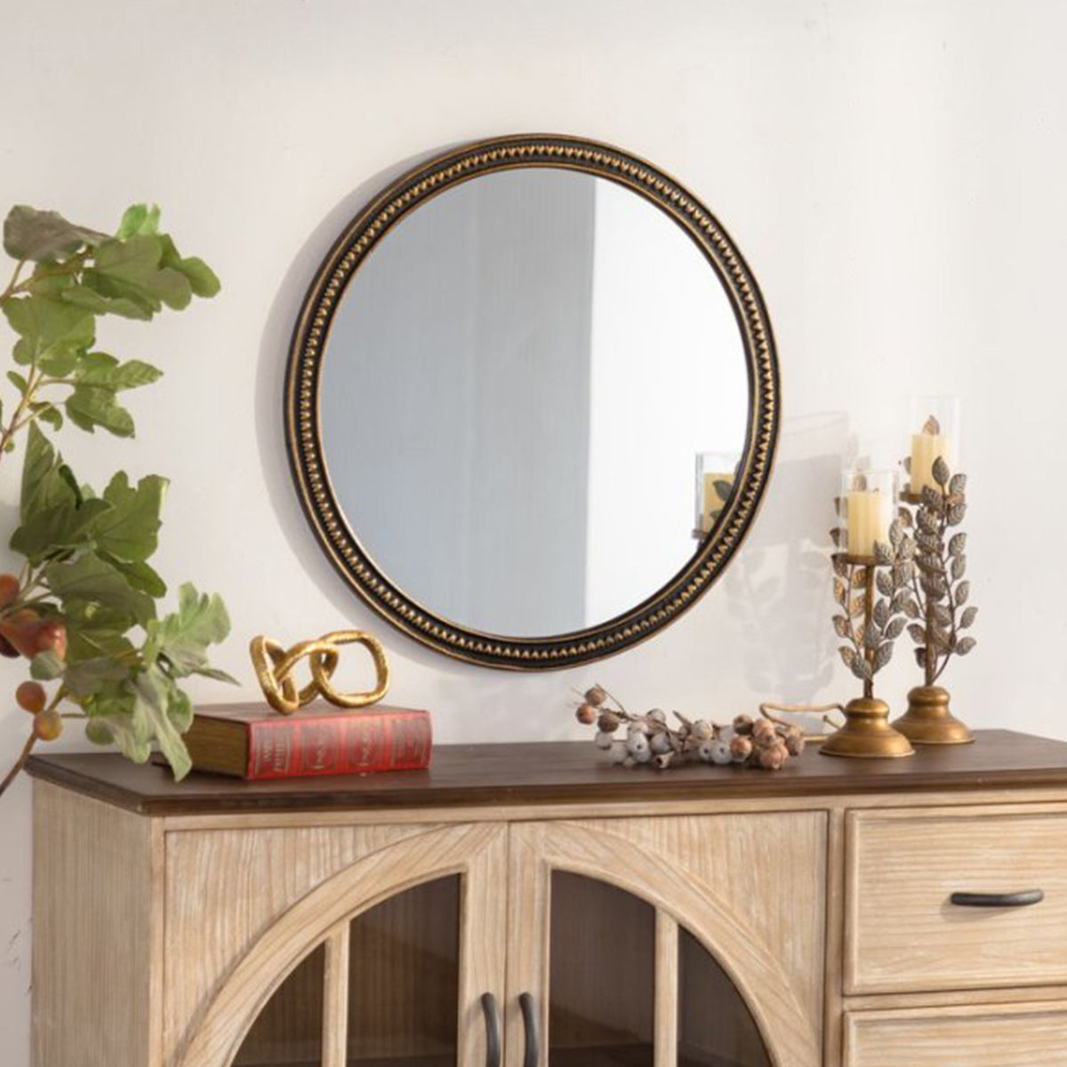 Vintage Round Wall Mirror, Gold Beaded Frame, for Living Room — detail view 4