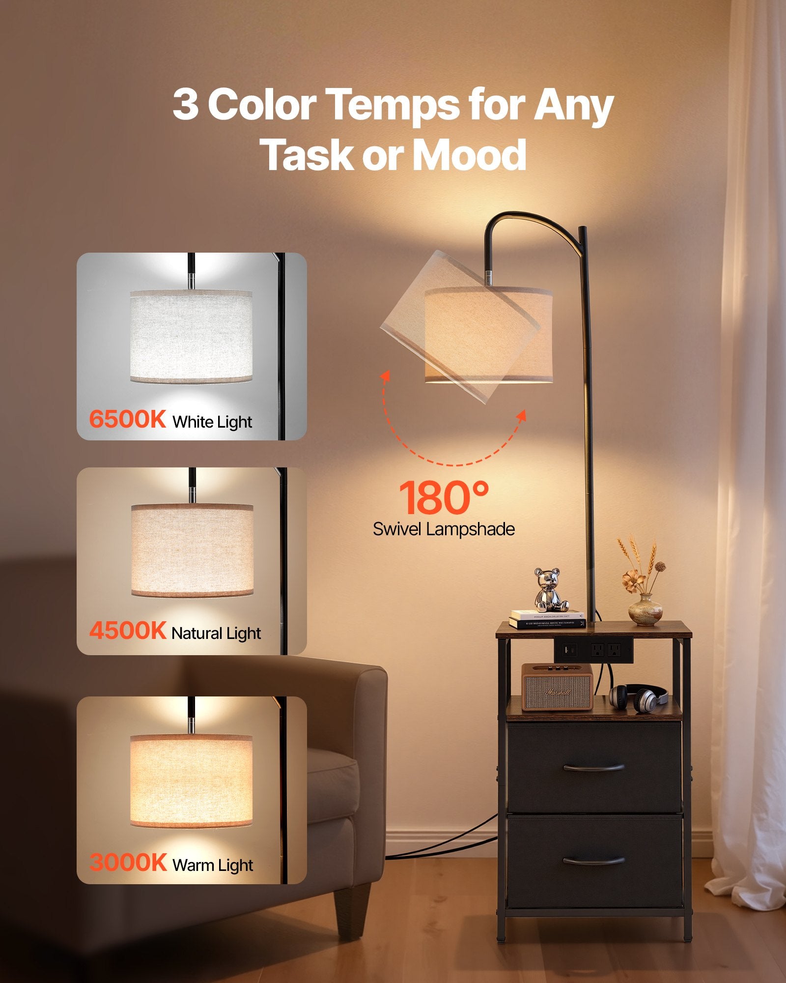 Industrial Metal Floor Lamp with End Table, Built-In Charging, Storage Shelf, Black Finish