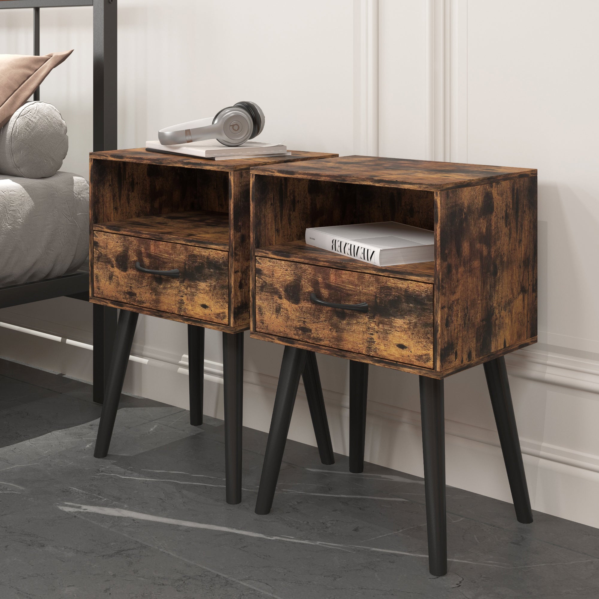 Mid-Century Nightstand Set of 2, Storage Drawer and Open Shelf