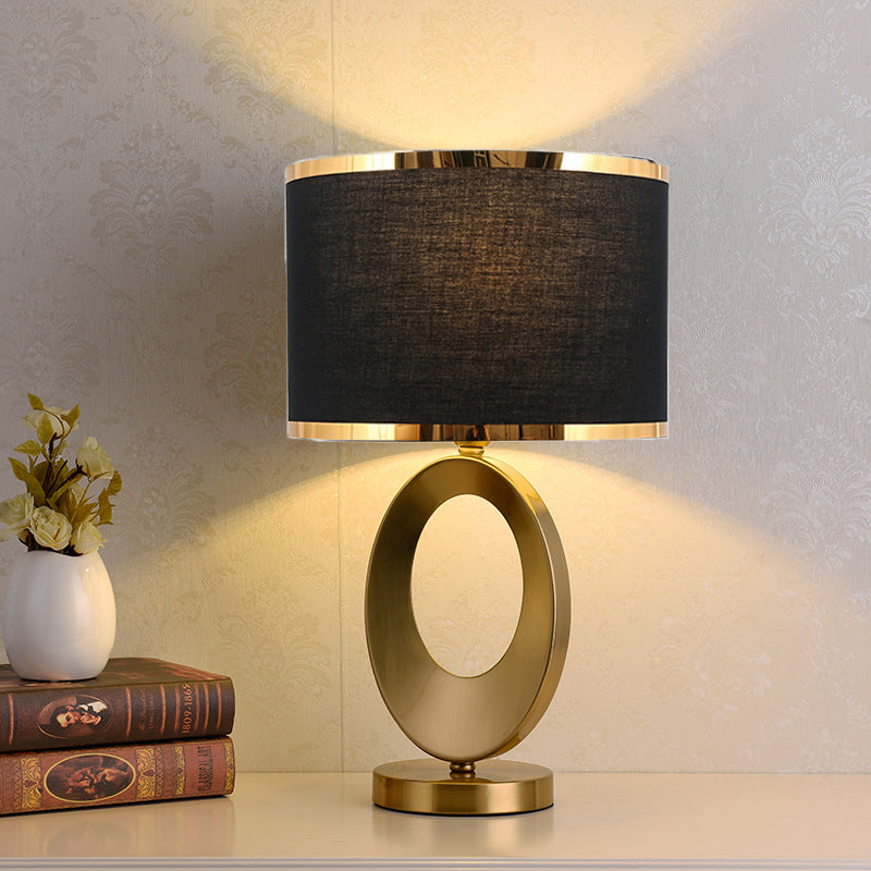 Gold Oval Ring Table Lamp, Black Linen Drum Shade, 20 Inch