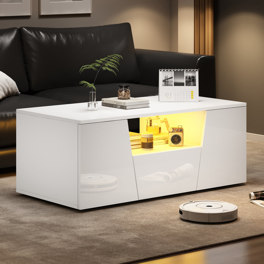 High-Gloss LED Coffee Table with Storage Cabinets, White