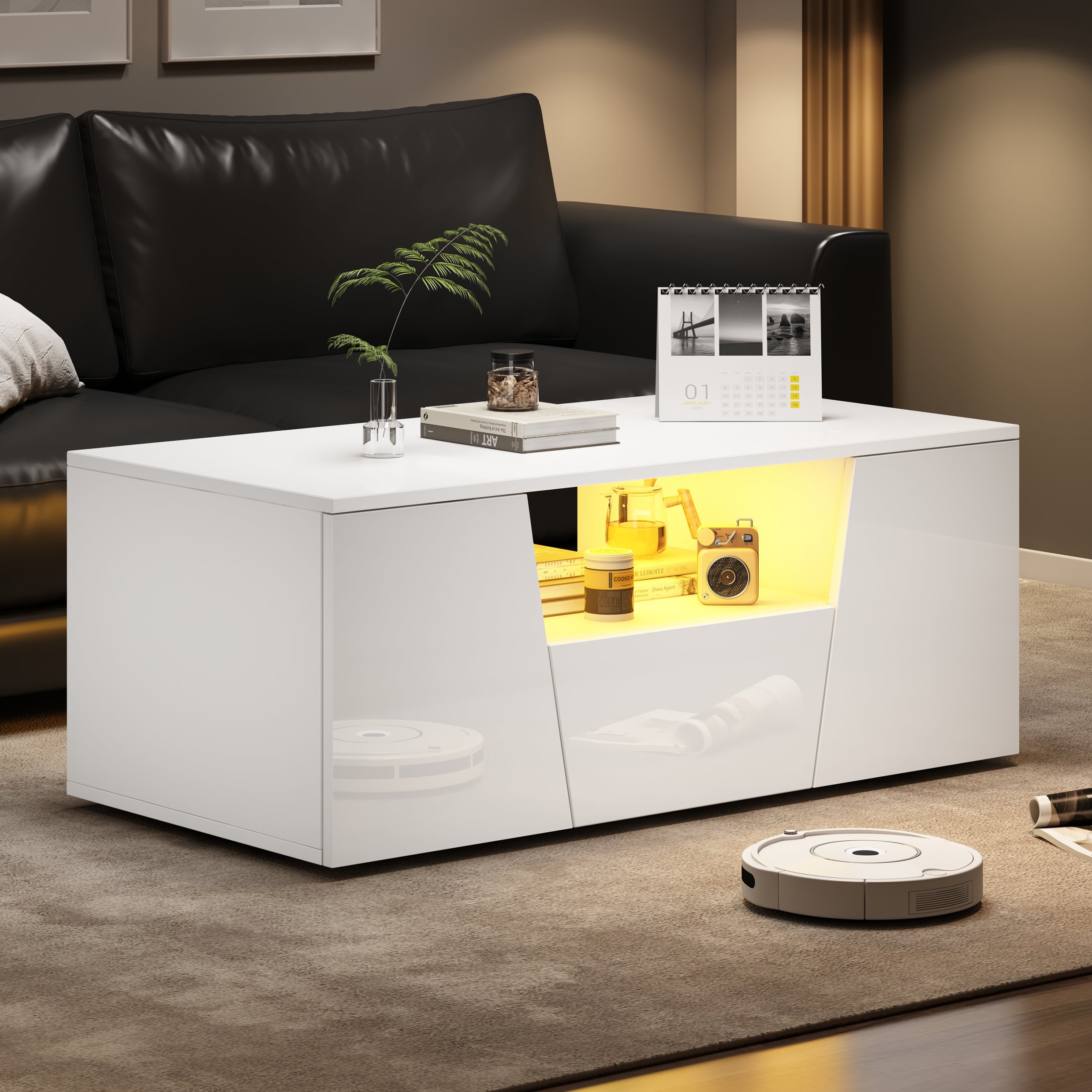 High-Gloss LED Coffee Table with Storage Cabinets, White