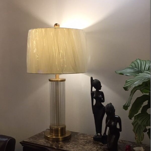 Fluted Glass Column Table Lamp, Brass Base, Tapered Shade