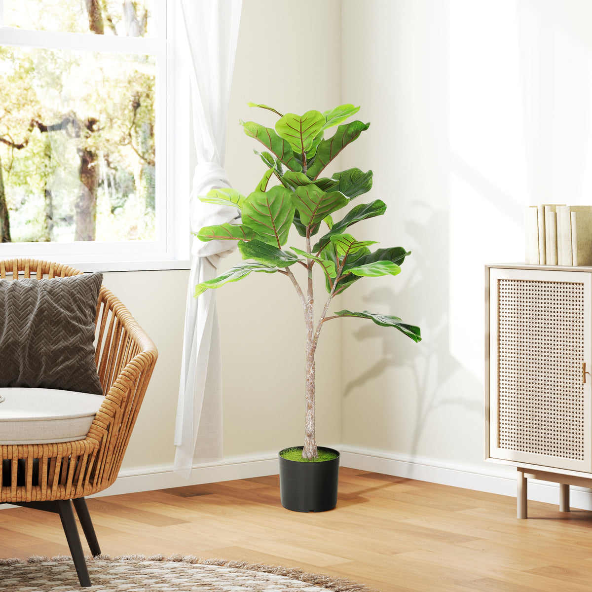 Artificial Fiddle Leaf Fig Tree, 43 in. Faux Potted Plant, Green, for Living Room — detail view 5