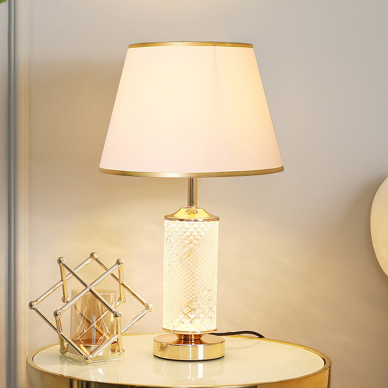 Textured Glass Table Lamp with Lit Base, Gold Trim Shade