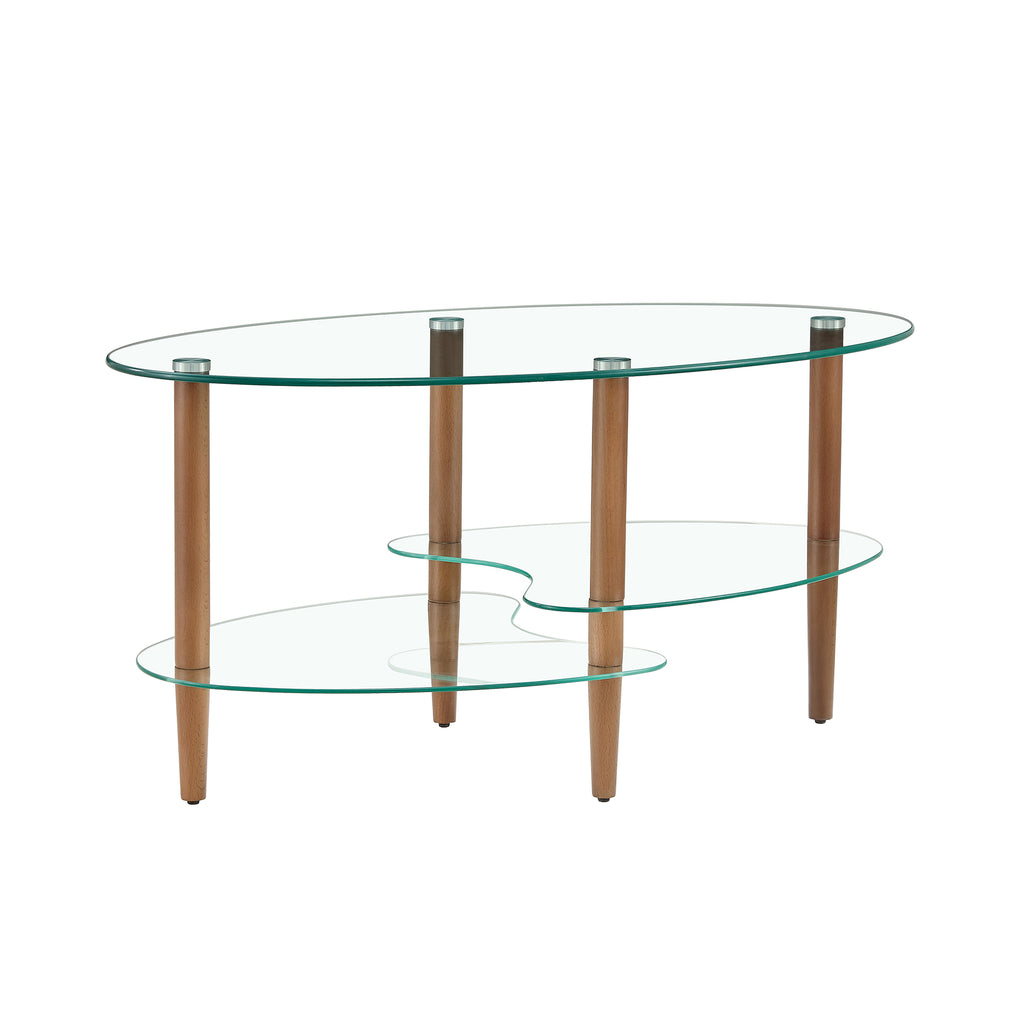 Three-Tier Oval Glass Coffee Table with Oak Legs