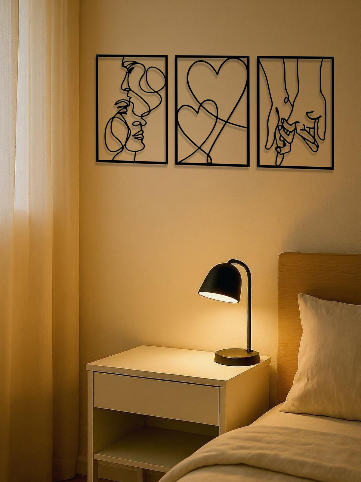 Minimalist Metal Wall Art Set, Romantic Couple Silhouette Design, Set of 3 for Living Room — detail view