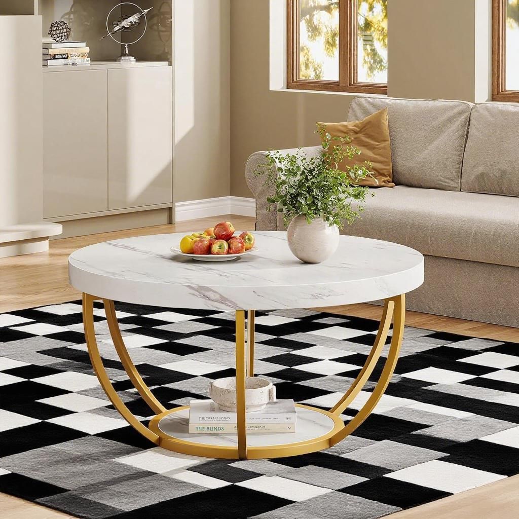 Round Faux Marble Coffee Table with Gold Base, 31.5 in