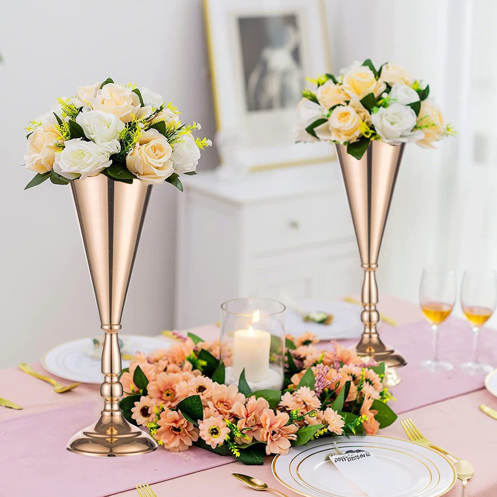 Golden Metal Trumpet Flower Vase, Wedding Centerpiece Decor, Set of 2