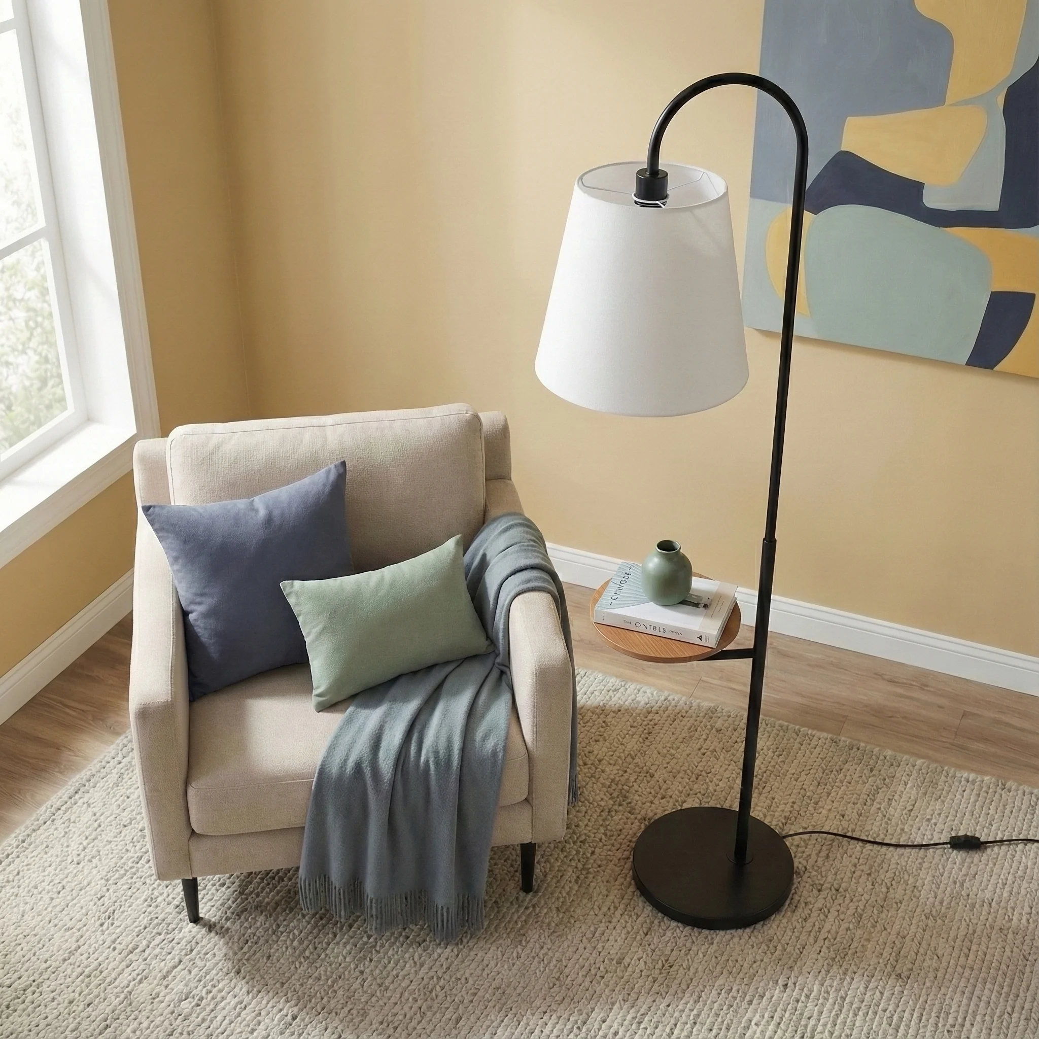Black Wood Floor Lamp with Table, Rotary Switch, Linen Shade, Metal Base