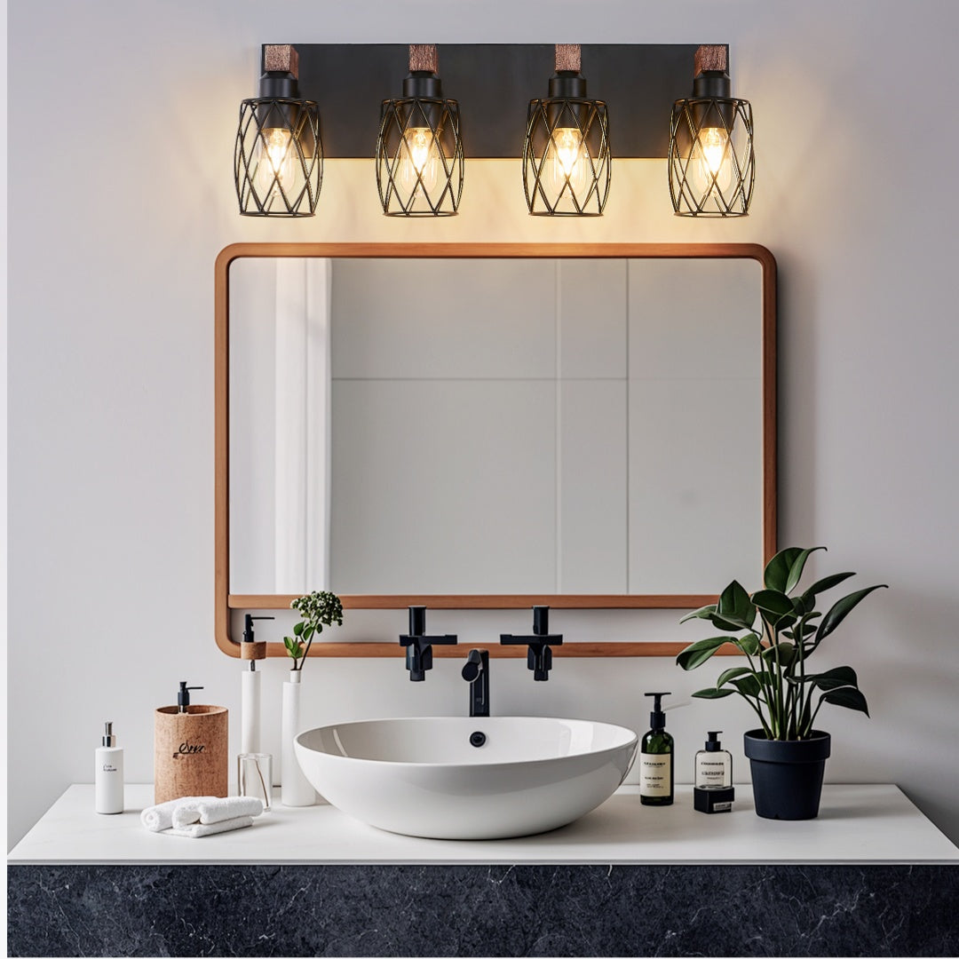 Industrial 4-Light Wall Sconce, Black Wire Cage with Wood Accents, 24 in. for Hallway — detail view 4