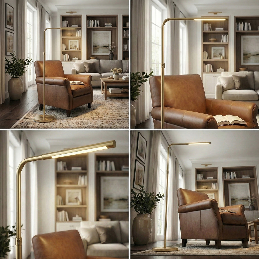 Brass Gold LED Floor Lamp, Adjustable Light, Round Metal Base
