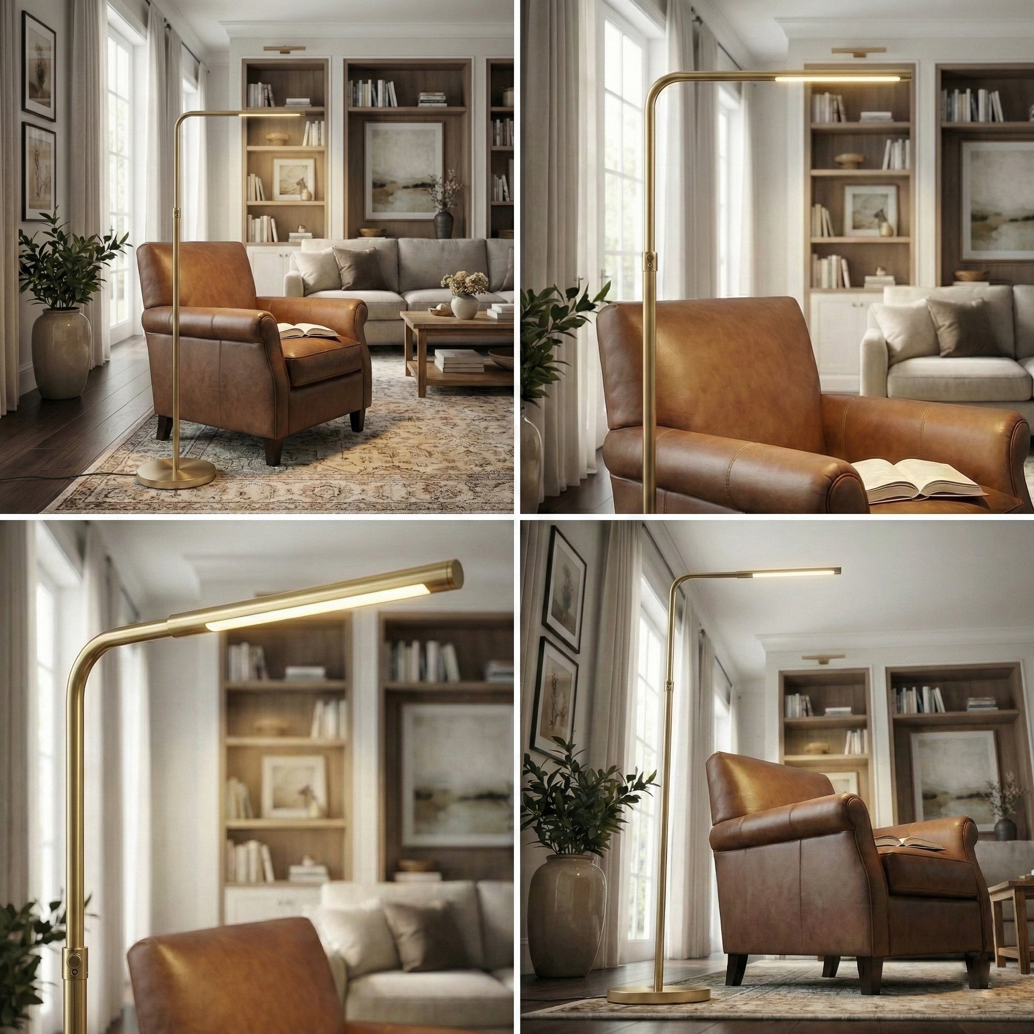 Brass Gold LED Floor Lamp, Adjustable Light, Round Metal Base