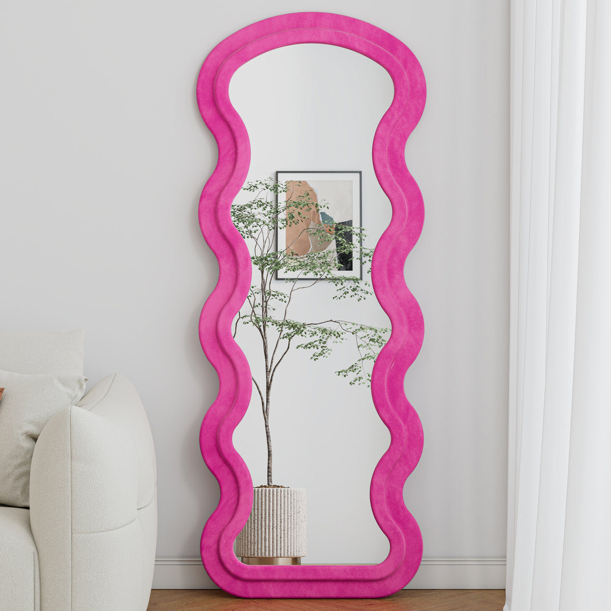 Full-Length Wavy Floor Mirror, Flannel-Wrapped Frame, Rose, for Bedroom — detail view