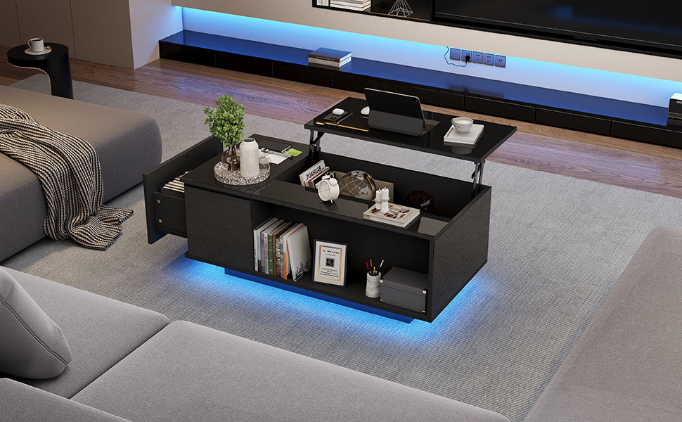 Height-Adjustable Coffee Table with Hidden Storage, Matte Black