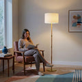 Brass Metal Tube Floor Lamp, Rattan Details, White Linen Shade, Gold Finish