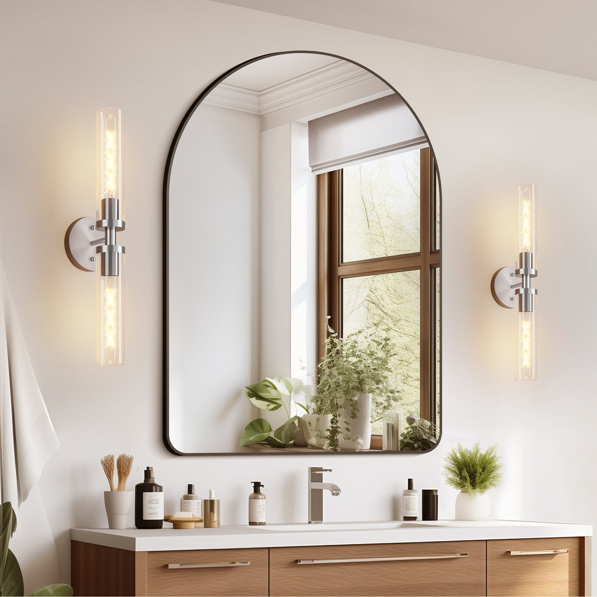 Wall Sconce Light, Brushed Nickel Finish, Clear Glass Shade, Set of 2 for Hallway — detail view