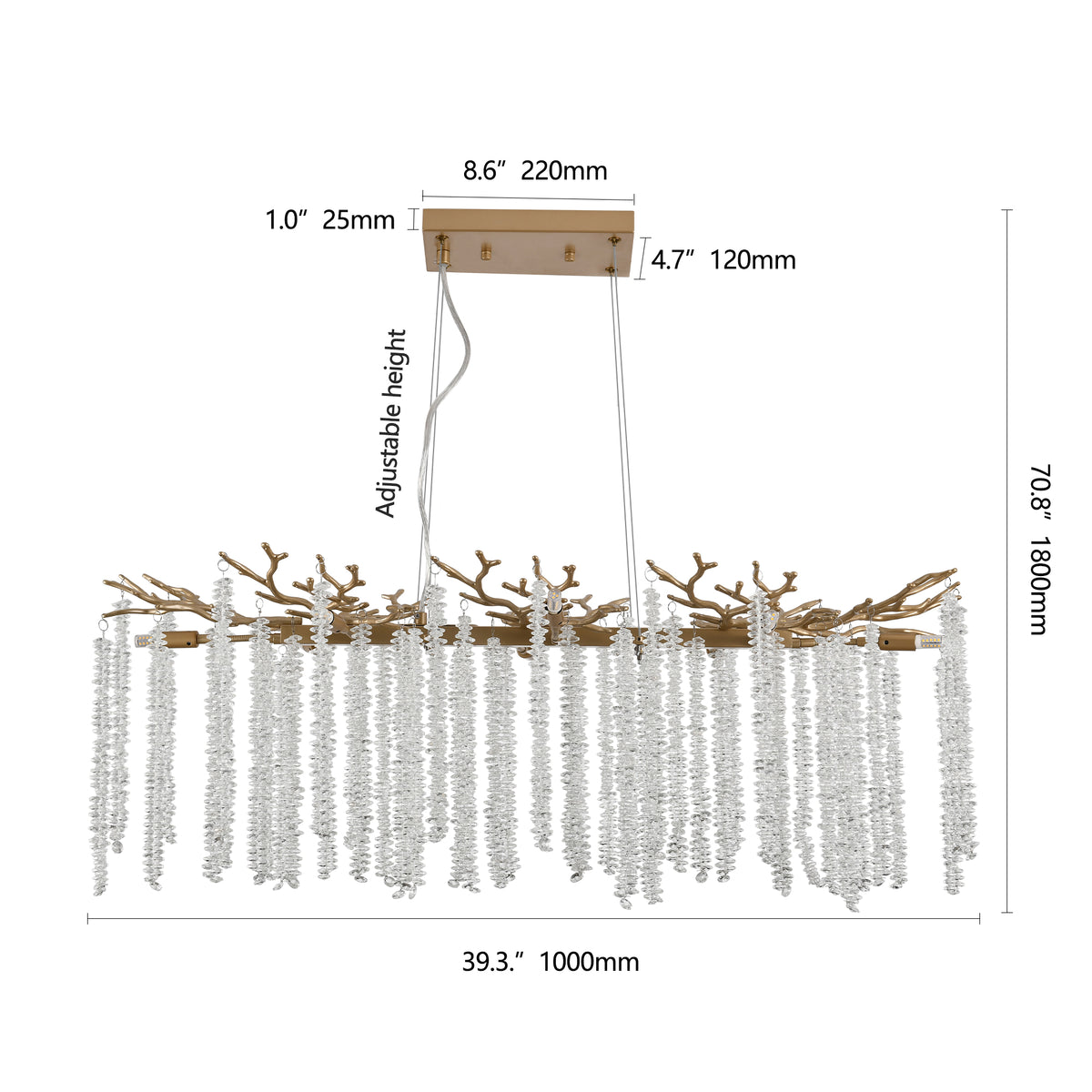 Cascading Crystal Pendant Light, 39 In. Gold Iron Frame