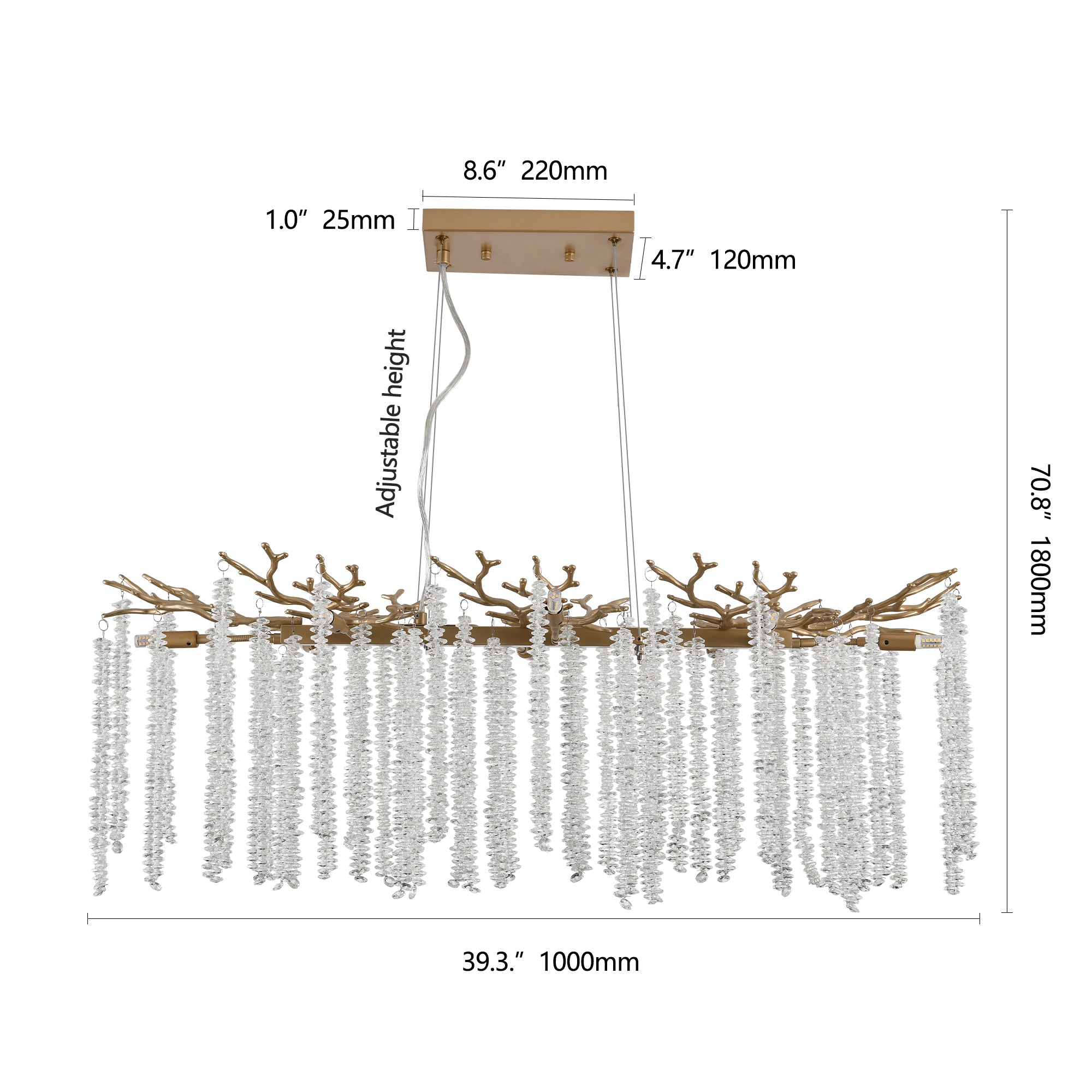 Cascading Crystal Pendant Light, 39 In. Gold Iron Frame