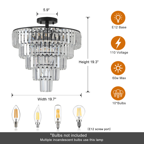 Dimension diagram for Large Black Crystal Chandelier, Modern Ceiling Light Fixture