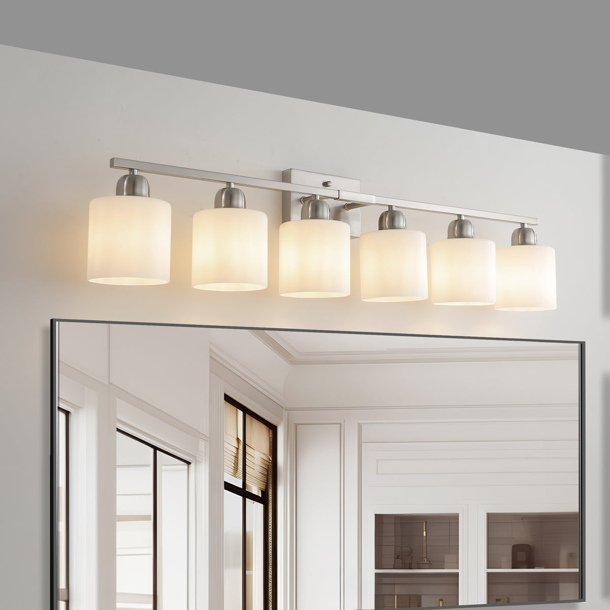Modern 6-Light Vanity Light Bar, Milky White Glass Shades, Nickel, 38 in. for Bathroom — detail view