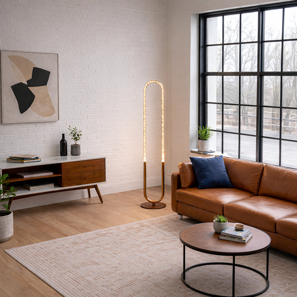 Contemporary LED Floor Lamp, Living Room Centerpiece, Bronze & Clear Finish