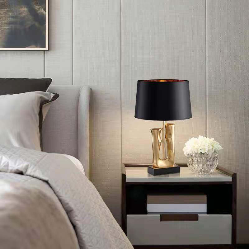 Sculptural Gold Resin Table Lamp, Black Drum Shade, 27 Inch