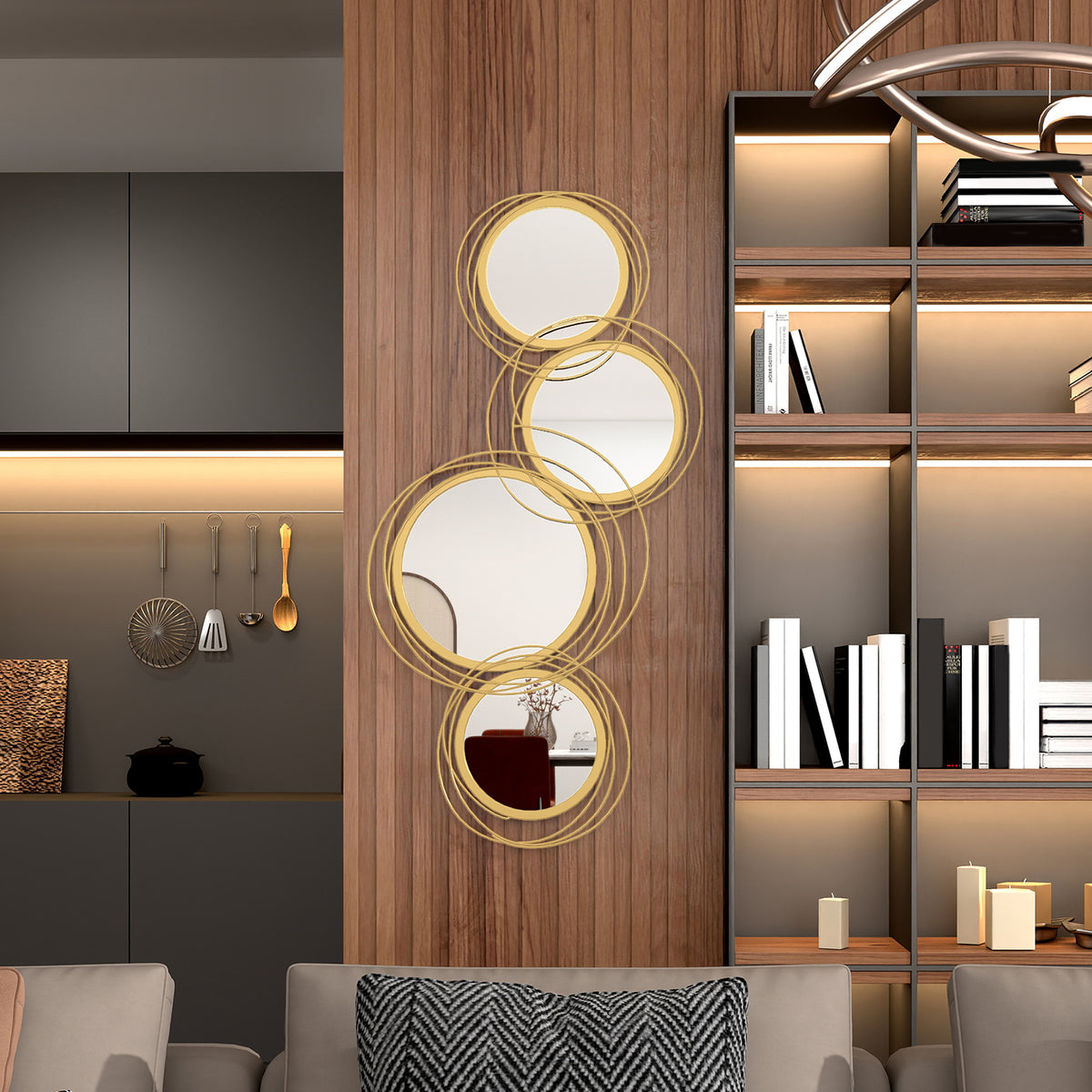 Round Metal Wall Mirror, Asymmetrical Gold Frame, 42 in for Living Room Entryway — detail view