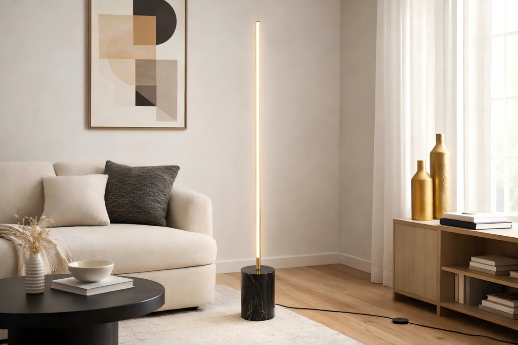 Modern Brass LED Floor Lamp, Faux Marble Base, Gold Finish, On/Off Switch