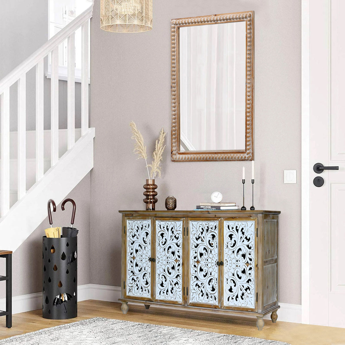 Farmhouse Wood Framed Rectangle Wall Mirror, Antique Natural, 22x30 in., for Bathroom Vanity — detail view