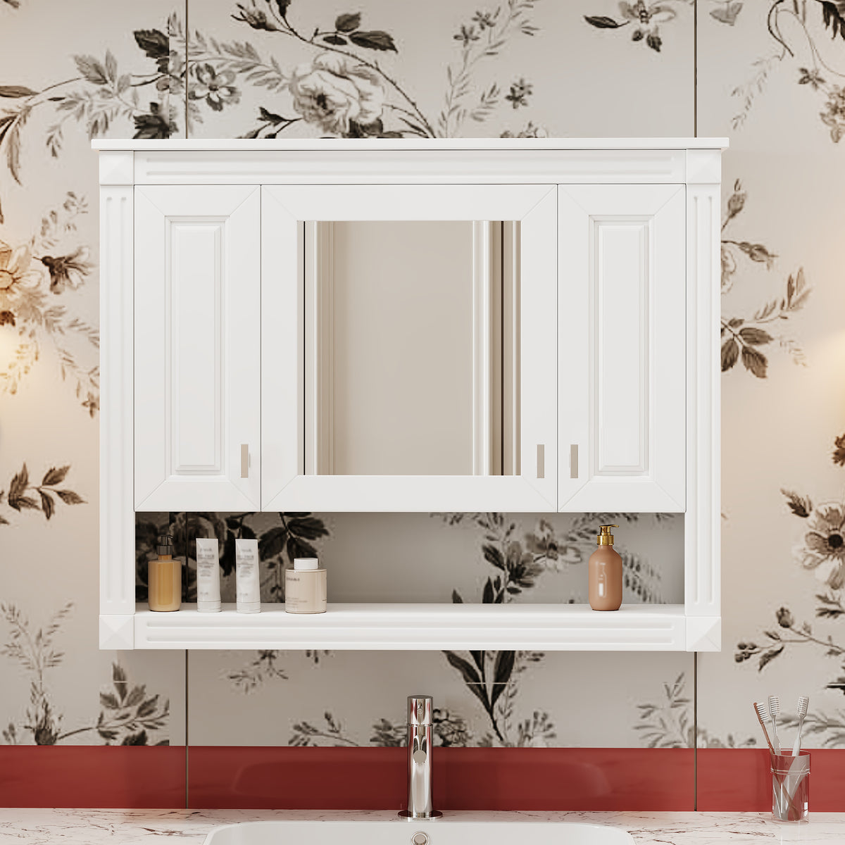 Wall-Mounted Bathroom Medicine Cabinet with Mirror, Open Shelf, Over-Toilet Storage, White, 35 in. — detail view 2