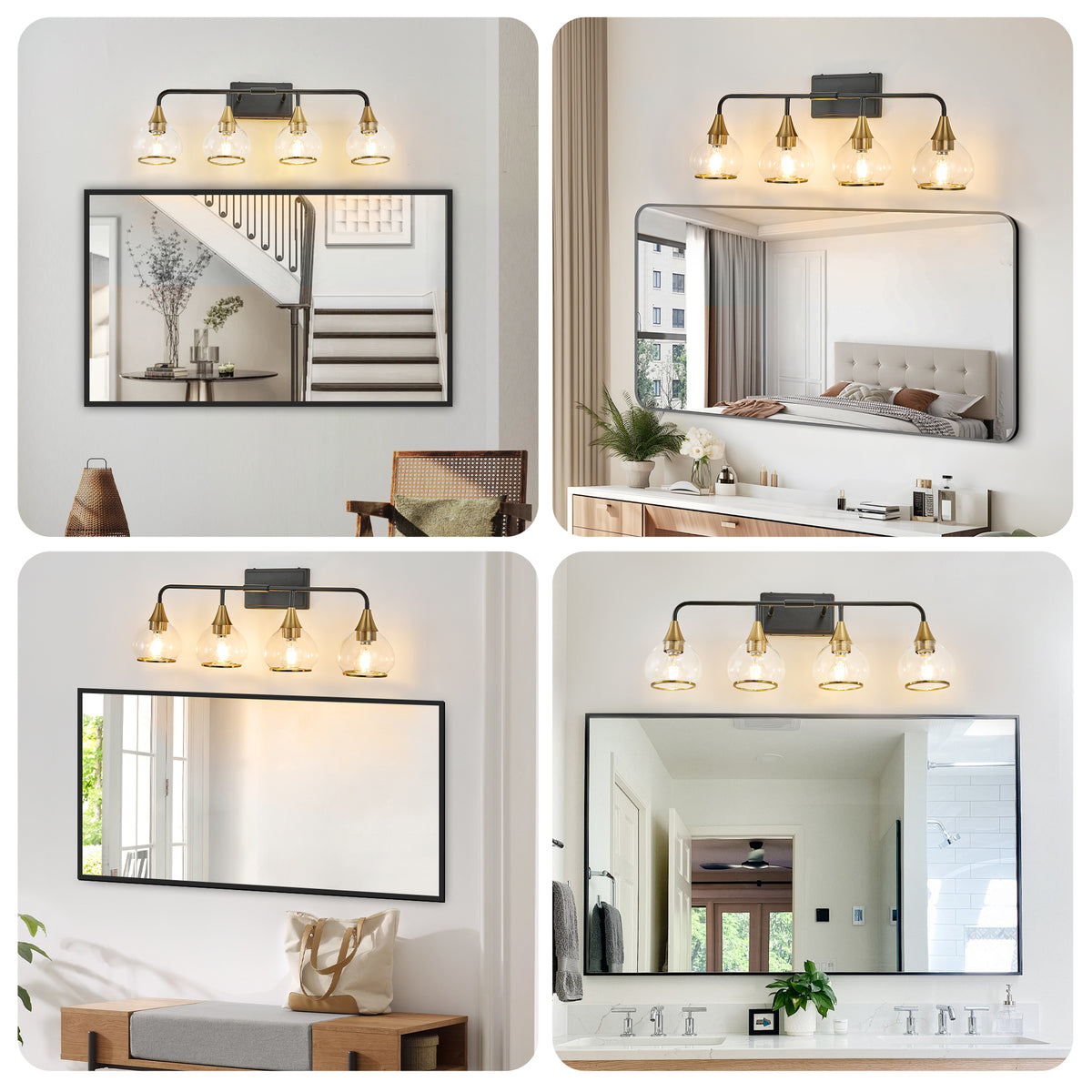 Modern 4-Light Vanity Wall Sconce, Brass Holders and Black Metal Frame, 31 in., for Bathroom — detail view 4