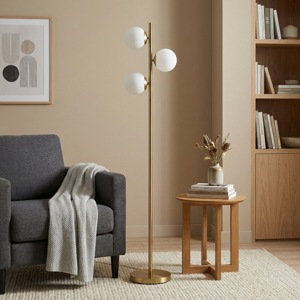 Modern Brushed Gold Floor Lamp, Opal Glass Shade, Round Metal Base